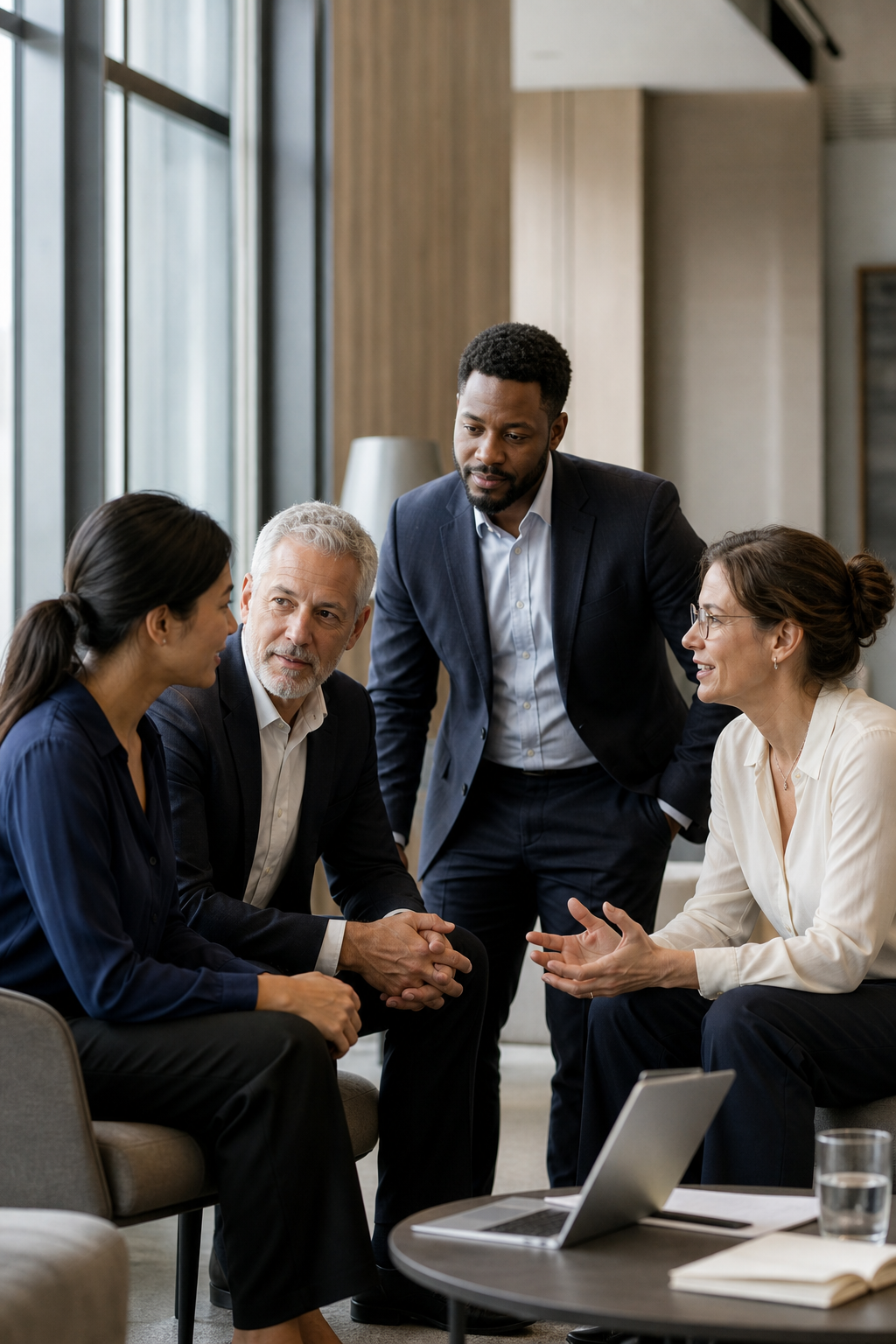 Diverse executive client team collaborating in a modern office
